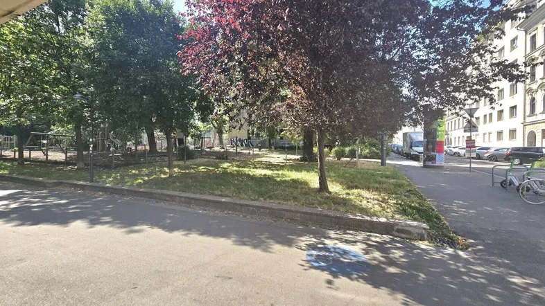 Grüner Parkbereich mit Bäumen und einer Straße im Vordergrund, umgeben von städtischen Gebäuden.