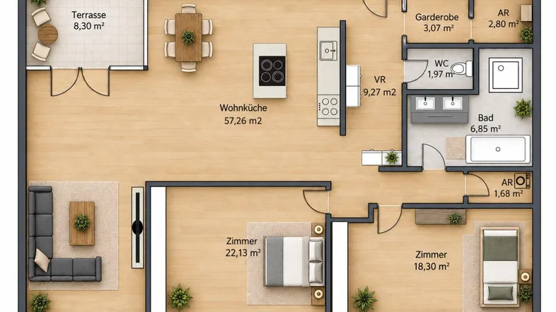 Grundriss einer modernen Wohnung mit drei Zimmern, offener Wohnküche und Terrasse.