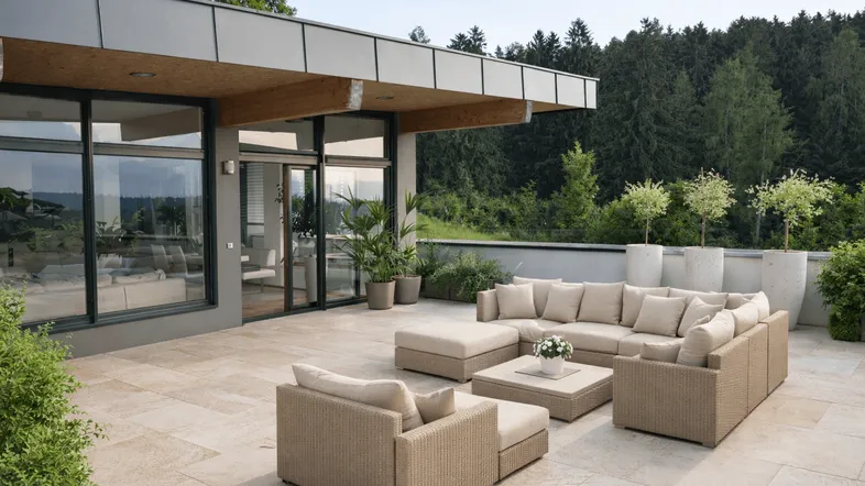Geräumige Terrasse mit bequemen Loungemöbeln und Blick ins Grüne, ideal zum Entspannen im Freien.