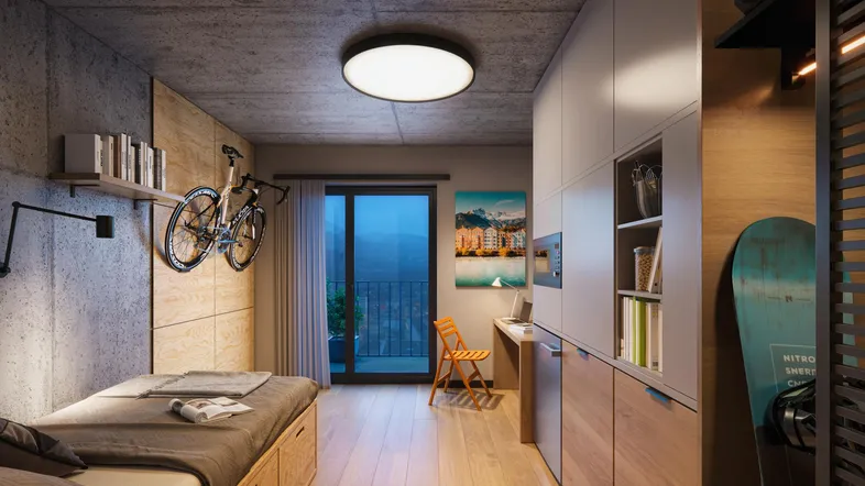 Modernes Schlafzimmer mit Holzboden, integrierten Möbeln, Schreibtisch und Zugang zum Balkon.