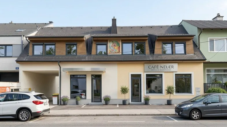Fassade eines Geschäftsgebäudes mit Café im Erdgeschoss und Wohnungen darüber, geparkt sind Autos.