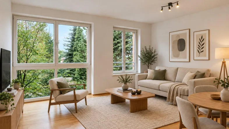 Helles Wohn- und Esszimmer mit Parkettboden, modernen Möbeln und weitem Blick ins Grüne.