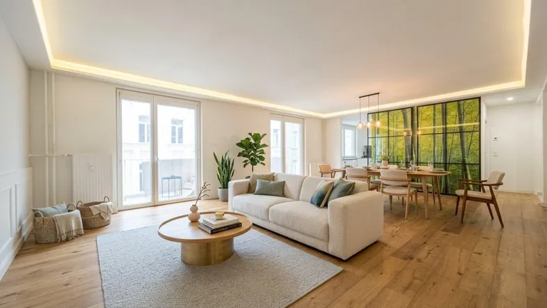 Modern eingerichteter Wohn- und Essbereich mit Holzboden, bequemer Couch und dekorativer Wandgestaltung.