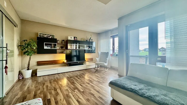 Helles Wohnzimmer mit modernem Entertainment-Center, Holzboden und Zugang zum Außenbereich.