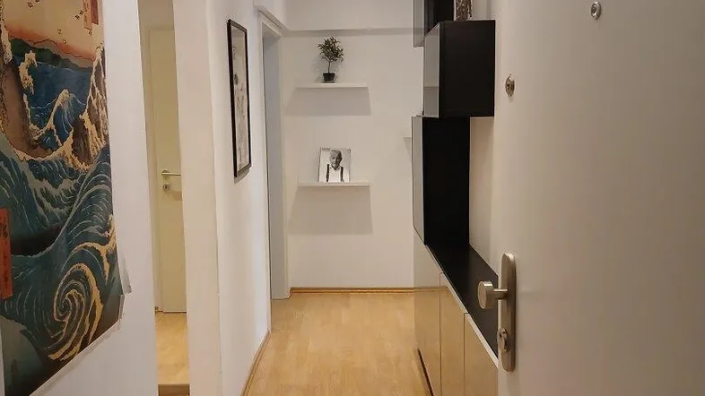 Heller Flur mit Holzfußboden, Einbauschränken und moderner Dekoration am Eingangsbereich.