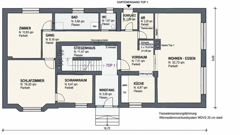 Detaillierter Grundriss der Wohnung mit Zimmern, Bad, WC und offenem Wohn-Essbereich.