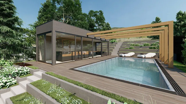 Moderne Außenanlage mit Swimmingpool, Holzdeck und Terrassenbereichen in gestufter Landschaftsgestaltung.