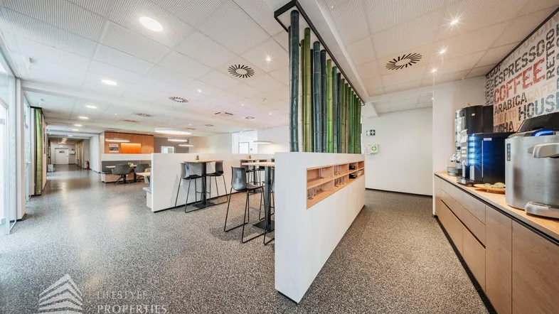 Moderner Pausenbereich mit Kaffeestation, hohen Tischen und dekorativer Bambusabtrennung in einem Bürogebäude.