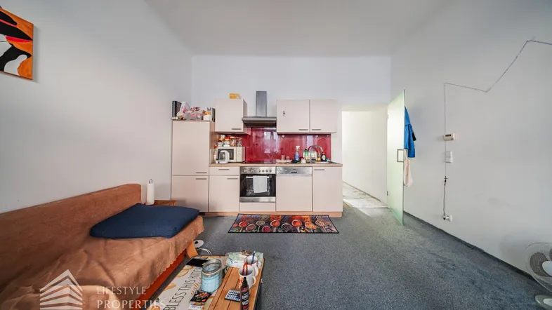 Kleiner Wohnbereich mit integrierter Küchenzeile, Sofa und Teppichboden in heller Umgebung.