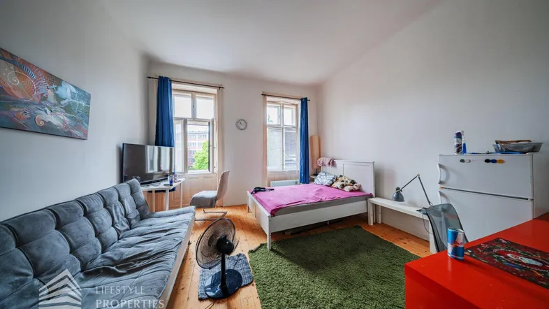 Helles Studio-Apartment mit Holzboden, Schlafbereich, Sofa und zwei Fenstern.