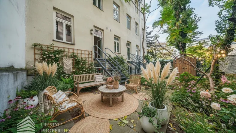 Gemütlicher Gartenbereich mit Sitzgelegenheiten, üppiger Bepflanzung und Zugang zum Gebäude.