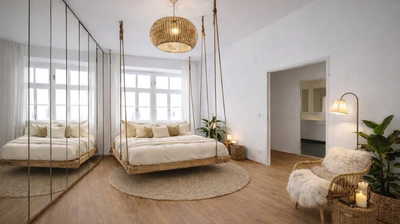 Helles Schlafzimmer mit einzigartigem Schaukelbett, großer Spiegelfront und gemütlicher Sitzecke.