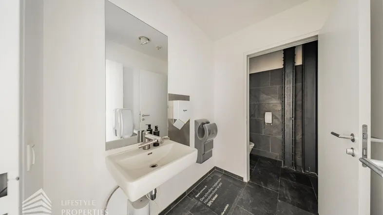Modernes Badezimmer mit Waschbecken, Spiegel und Handtrockner, gefliest mit dunklen Steinplatten.