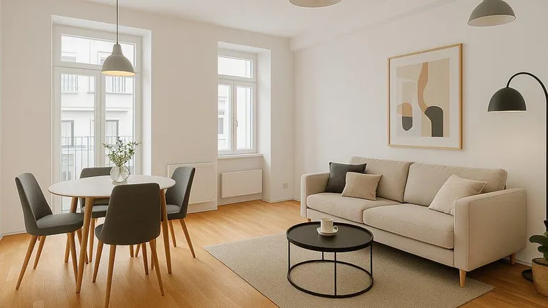 Helles Wohn- und Esszimmer mit Parkettboden, modernen Möbeln und großen Fenstern.