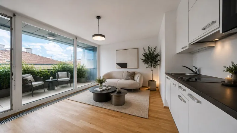 Helles Wohnzimmer mit integrierter Küchenzeile, Parkettboden und Zugang zu einem möblierten Balkon.
