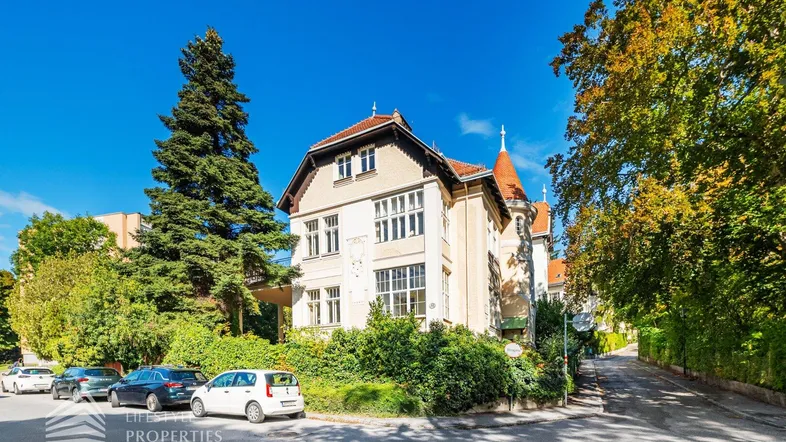 Historische Villa mit markanter Architektur und gepflegter Umgebung unter blauem Himmel.