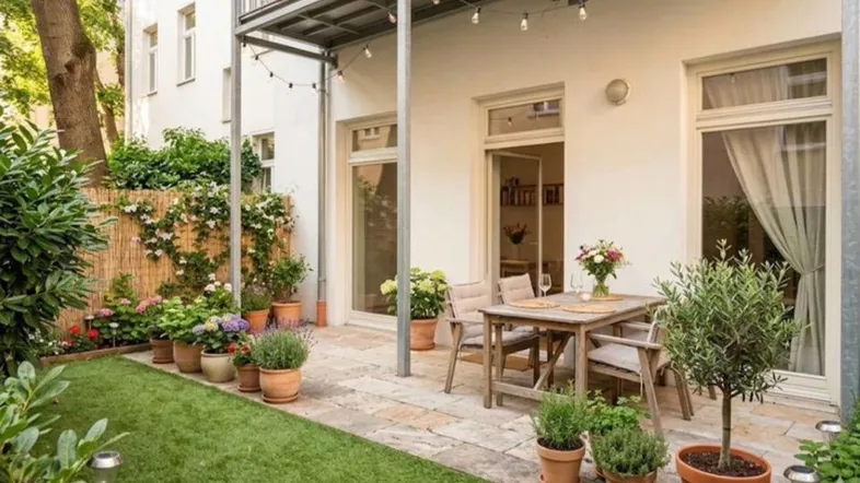 Gemütliche Terrasse mit Gartenmöbeln, Rasenfläche und vielen Pflanzen, ideal zum Entspannen.