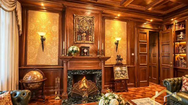 Elegantes Wohnzimmer mit Holztäfelung, Kamin und luxuriöser Einrichtung im klassischen Stil.