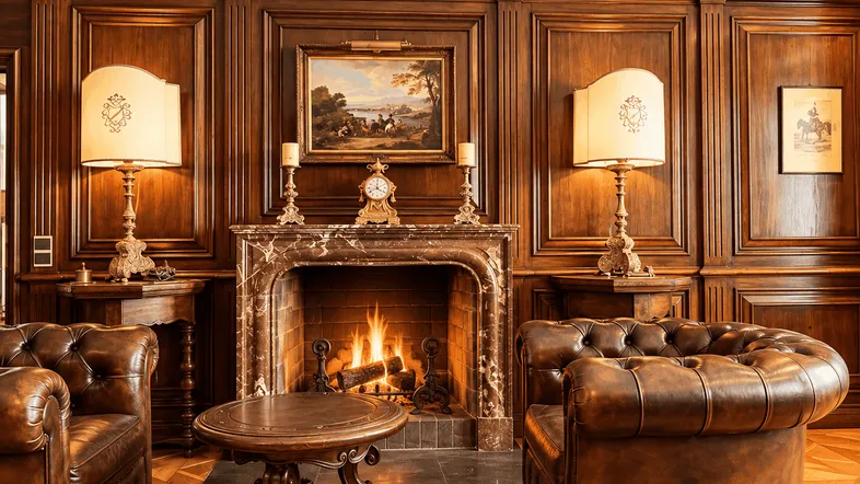 Luxuriöses Wohnzimmer mit dunkler Holzvertäfelung, Kamin und eleganten Ledersesseln.