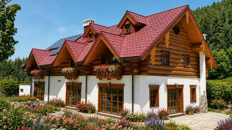 Charmantes Holzhaus im Chalet-Stil mit rotem Dach, Solaranlage und einem farbenprächtigen Blumengarten.