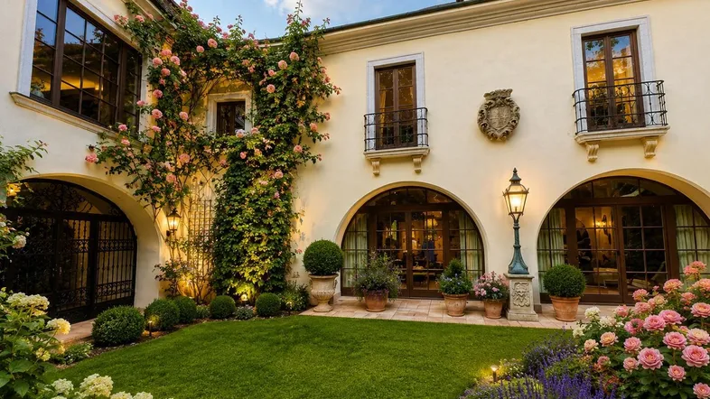 Schöner Innenhof mit gepflegtem Rasen, blühenden Rosen und einer charmanten Fassade.