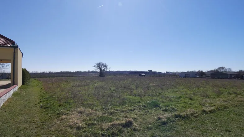 Weitläufiges Grundstück mit freiem Blick auf die umliegende Landschaft und einen einzelnen Baum unter blauem Himmel.