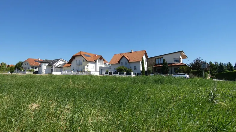 Blick über ein grünes Feld auf eine Reihe von Wohnhäusern in einer ländlichen Umgebung.