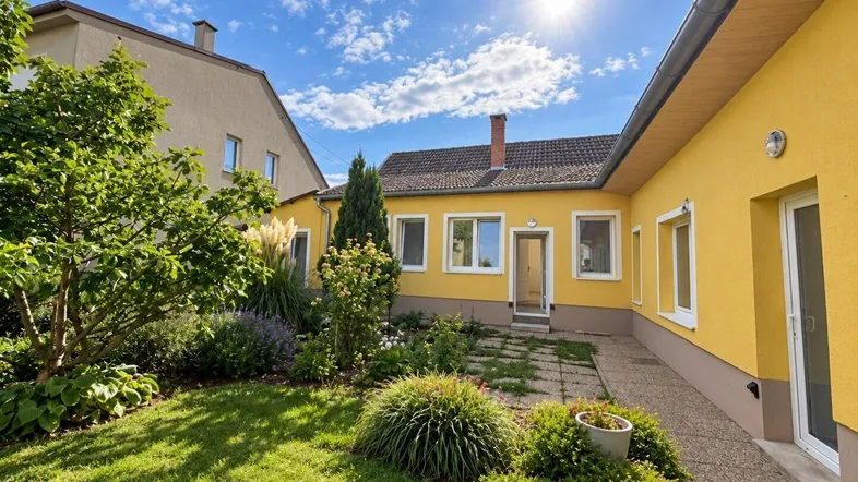 Sonniger Gartenbereich mit gepflegtem Rasen und verschiedenen Pflanzen vor dem gelben Haus.