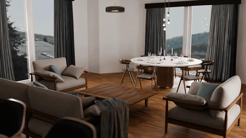 Heller Wohn- und Essbereich mit Holzboden, großen Fenstern und Blick auf die Landschaft.