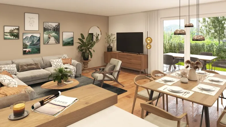 Heller, offener Wohn-Essbereich mit modernem Design, Holzboden und direktem Zugang zur Terrasse mit Gartenblick.