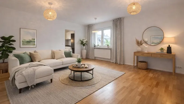 Helles Wohnzimmer mit beigem Sofa, Holzboden und dekorativen Hängelampen, modern eingerichtet.