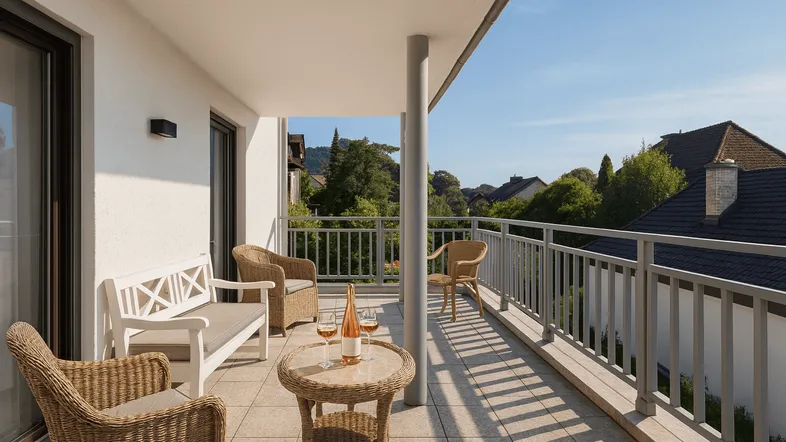 Geräumiger Balkon mit bequemen Korbmöbeln, Fliesenboden und weitem Blick ins Grüne.