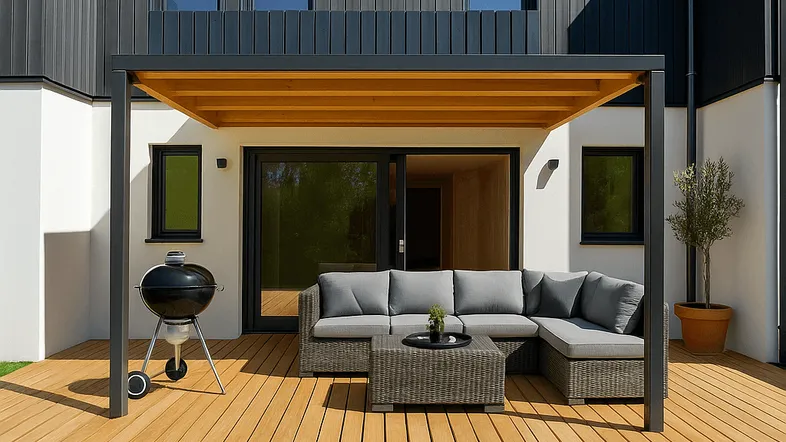 Moderne Terrasse mit Holzdeck, Outdoor-Sofa und Grill, umgeben von Rasenfläche.