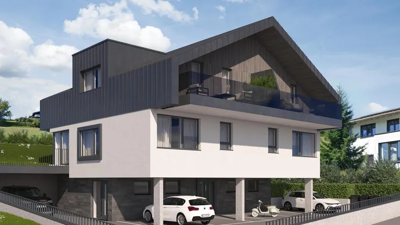 Modernes Mehrfamilienhaus mit Satteldach, Balkonen und Parkplätzen im Freien, eingebettet in grüne Landschaft.