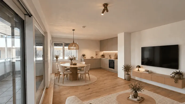 Heller, offener Wohn-Essbereich mit moderner Einbauküche, Holzboden und Zugang zum Balkon.