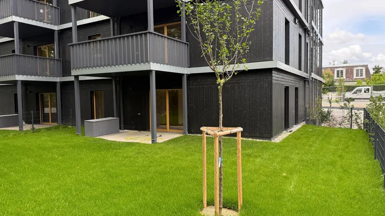 Modernes Gebäude mit dunkler Holzfassade, Balkonen und frisch angelegtem Rasenbereich mit jungem Baum.