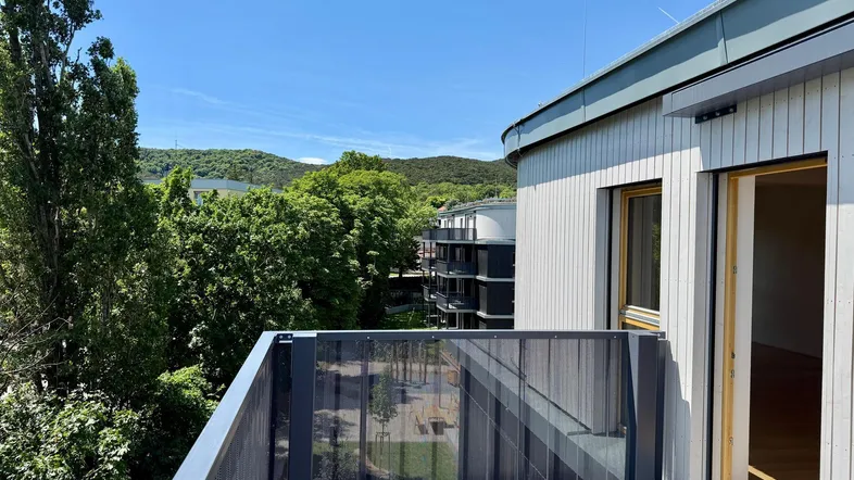 Geräumiger Balkon mit modernem Geländer und weitem Blick ins Grüne und auf die umliegende Landschaft.