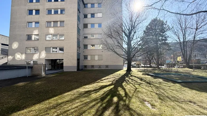 Mehrfamilienhaus mit gepflegter Fassade und sonniger Grünfläche im Vordergrund, umgeben von Bäumen.