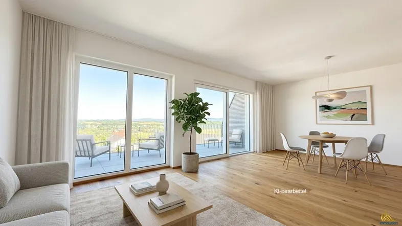 Helles Wohn- und Esszimmer mit Holzboden, großen Fenstern und Zugang zur Terrasse.