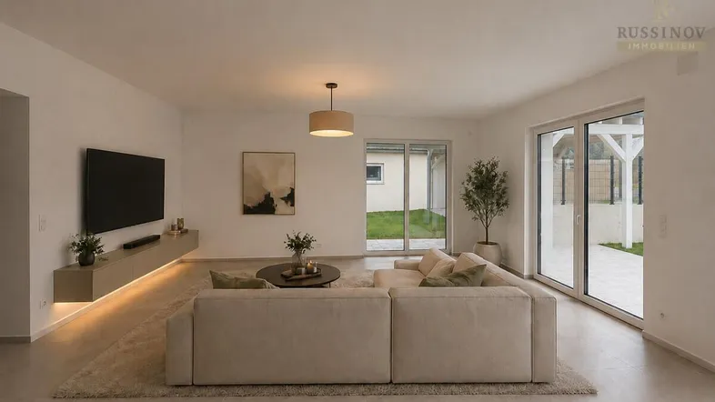 Helles Wohnzimmer mit modernem Sofa, Fernseher und Zugang zur Terrasse, ideal für Entspannung.