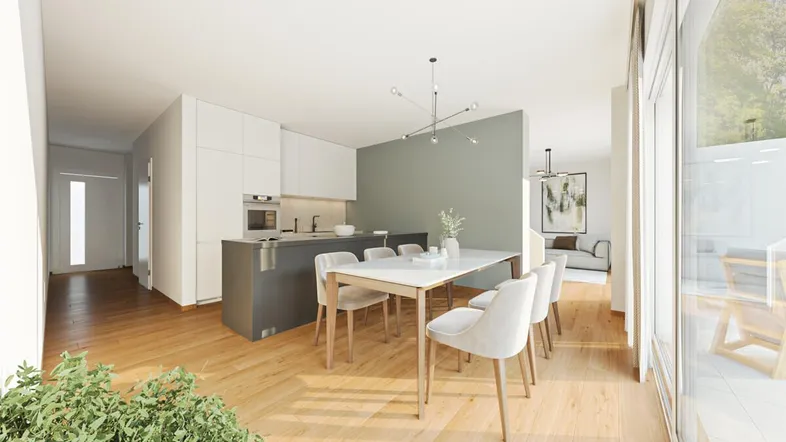 Moderne offene Wohnküche mit Essbereich, Holzboden und Zugang zur Terrasse.