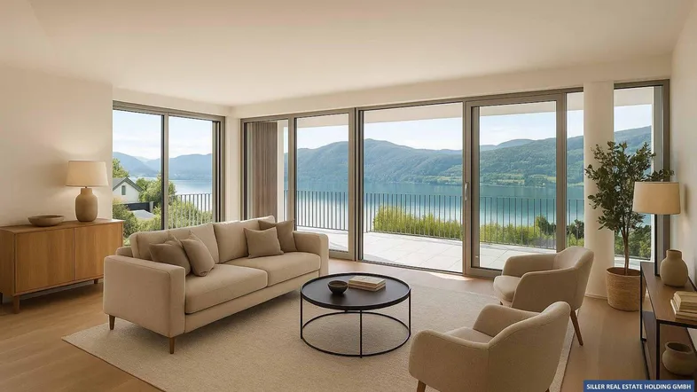 Helles Wohnzimmer mit großen Fensterfronten, die einen atemberaubenden Blick auf den See und die Berge bieten.