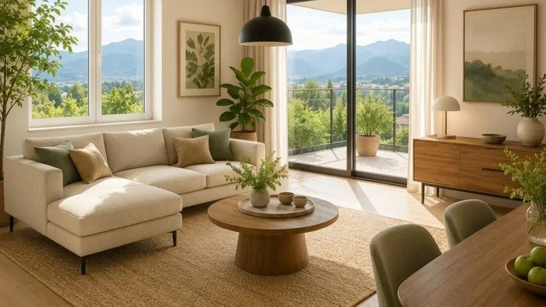 Helles Wohnzimmer mit modernem Sofa, Holzboden und großem Balkonzugang mit Bergblick.