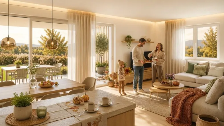 Helles, offenes Wohnzimmer mit Essbereich und integrierter Küche, direktem Zugang zur Terrasse und schöner Aussicht.