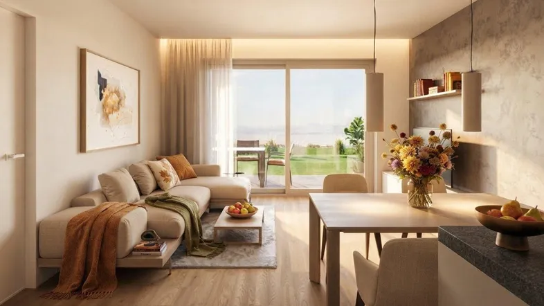 Heller Wohn- und Essbereich mit modernem Sofa, Esstisch und Zugang zur Terrasse mit Weitblick.