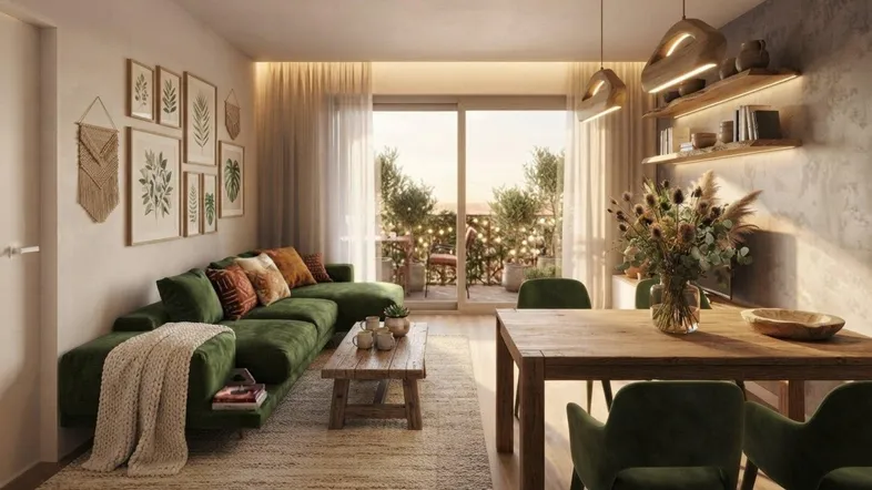 Heller Wohn- und Essbereich mit gemütlichem Sofa, Holztisch und Zugang zum Balkon.