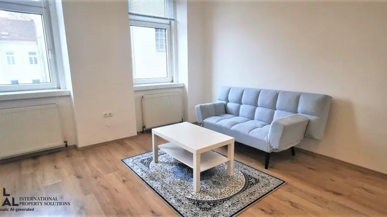 Helles Wohnzimmer mit Parkettboden, einem bequemen Sofa und einem Couchtisch.