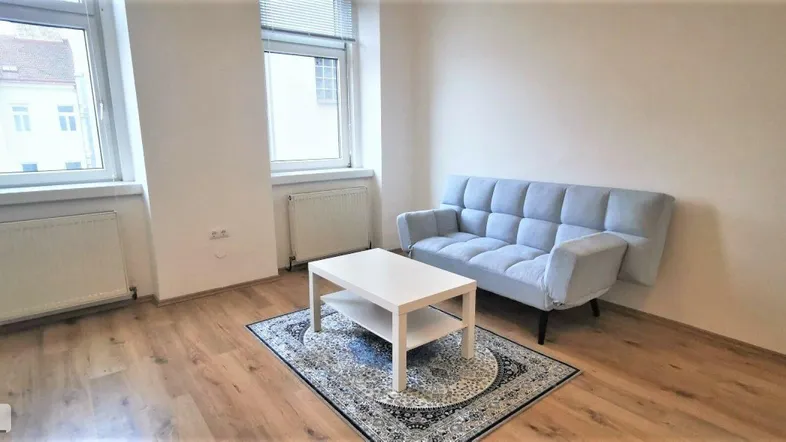 Helles Wohnzimmer mit modernem Sofa, Couchtisch und Laminatboden.