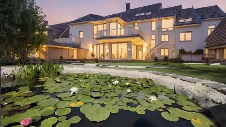 Großzügiges Anwesen mit Teich und beleuchteter Fassade bei Sonnenuntergang, umgeben von Grünflächen.