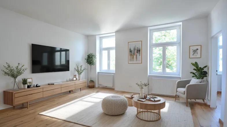 Helles, modern eingerichtetes Wohnzimmer mit Holzboden, großen Fenstern und minimalistischen Möbeln.